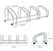 Steel Bike Stand for 4 Bikes, Silver Floor Bike Rack for Garage, Family Bike Rack, Floor and Wall Mount, 99 x 32 x 26 cm, Indoor and Outdoor Bicycle Holder
