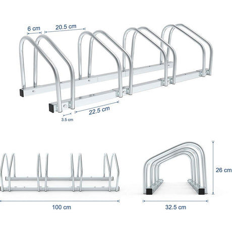 Steel Bike Stand for 4 Bikes, Silver Floor Bike Rack for Garage, Family Bike Rack, Floor and Wall Mount, 99 x 32 x 26 cm, Indoor and Outdoor Bicycle Holder
