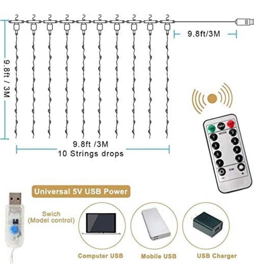 Curtain String Lights with Remote, LT 300 LEDs Window Curtain Fairy Lights 8 Modes 9.8ftx9.8ft USB Powered Fairy Lights for Party Bedroom Wall, Christmas Wedding Party Home Garden Outdoor Indoor Wall Decorations(Cool White)