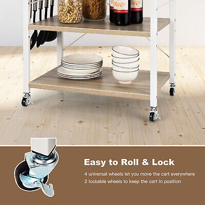 3-Tier Rolling Kitchen Storage Trolley with Hooks