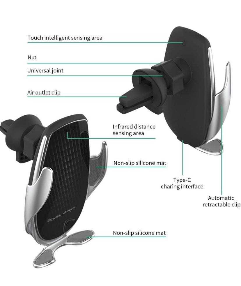 Wireless Car Charger 15W Max Fast Charging Car Mount, Infrared Sensor Auto-Clamping Smart Car Phone Holder Compatible with iPhone 11/11 Pro/11 Pro-Max/XS/X/8, LG V30/V35, Samsung Note 10/S10+/S9, Huawei P30 Pro (Black Silver)