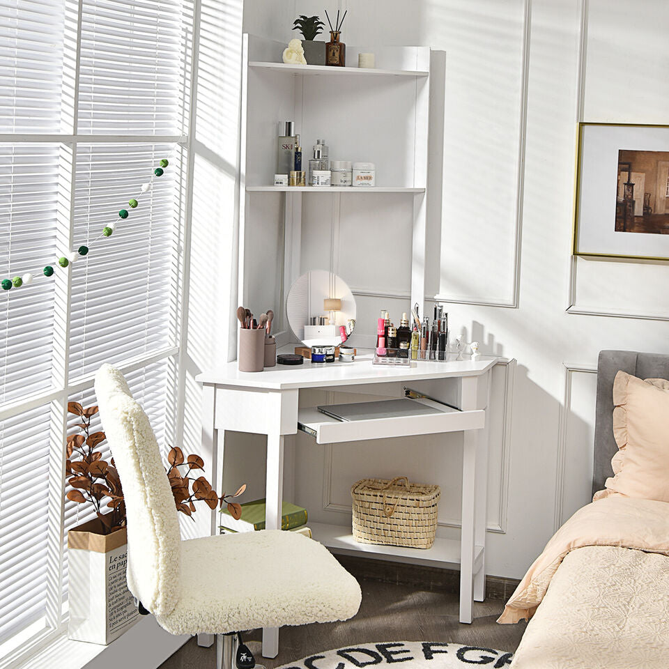 White Corner Computer Desk with Hutch & Keyboard Tray