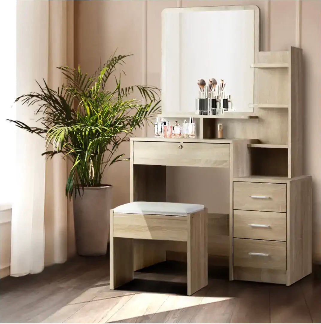 Dressing Table Mirror Stool Set Vanity Storage Desk Oak