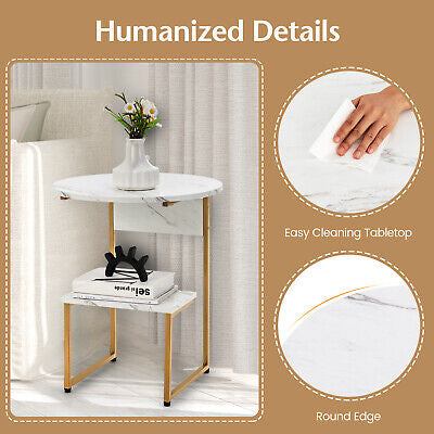 2-Tier Round Wooden Side Table with Metal Frame