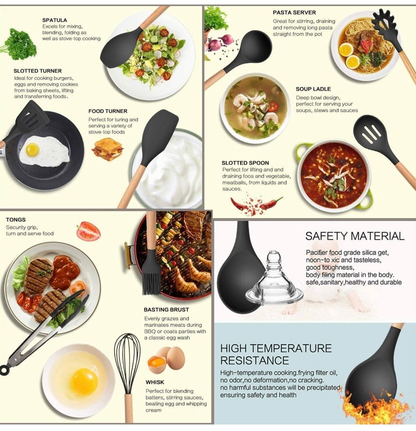 Silicone Kitchen Utensil Set, Cooking Spatulas Soup Ladle Slotted Spoon Turner Pasta Server Basting Brush Tongs Whisk Wooden Handle Heat Resistant Cookware Non-Stick Kitchen Gadgets Tools 12 Pcs