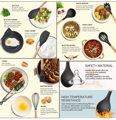 Silicone Kitchen Utensil Set, Cooking Spatulas Soup Ladle Slotted Spoon Turner Pasta Server Basting Brush Tongs Whisk Wooden Handle Heat Resistant Cookware Non-Stick Kitchen Gadgets Tools 12 Pcs