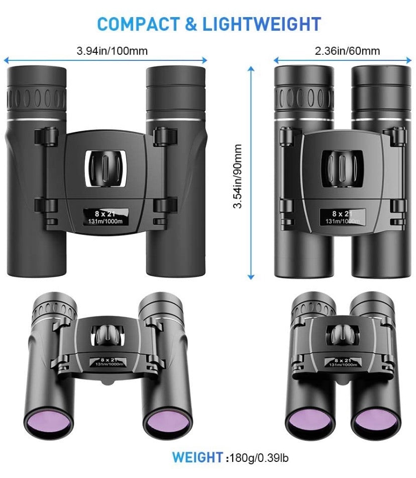 8×21 Compact Folding Binoculars with Strap & Carry Bag
