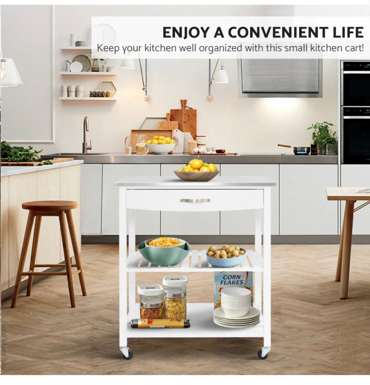 White Kitchen Trolley with Stainless-Steel Top