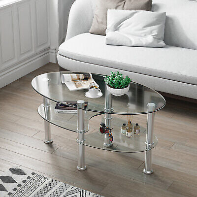 Oval Coffee Table 3-Tier Tempered Glass & Chrome Base Clear Living Room