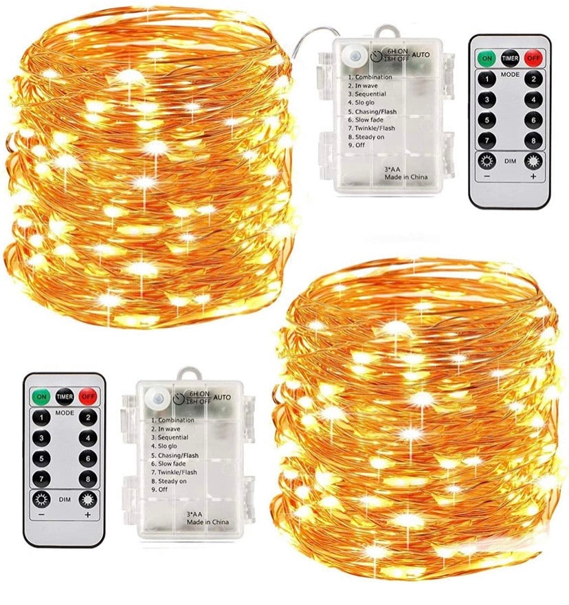 Led String Lights Battery Powered,[2 Pack] Fairy String Lights Battery Operated Waterproof 8 Modes 100 LED 33ft with Remote Control Christmas Decoration Lights (Warm white-10M)