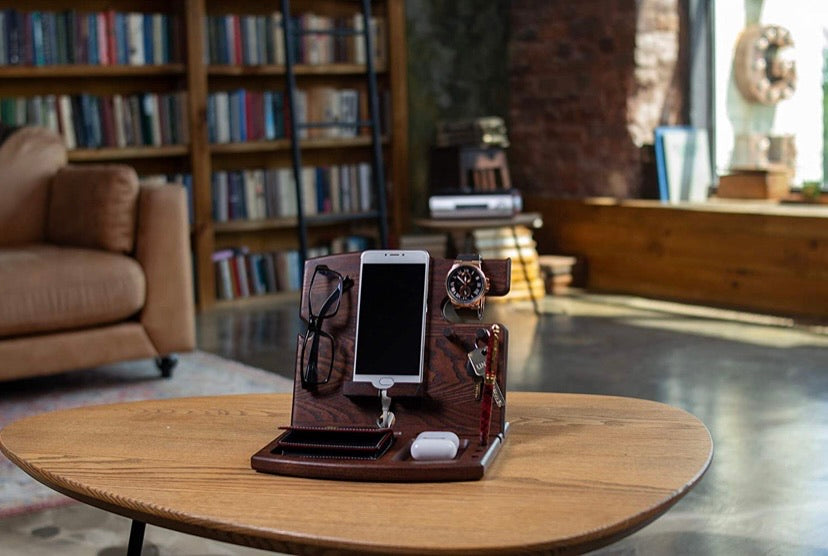 Wood Phone Docking Station Natural Ash Hooks Key Holder Wallet Watch Stand Watch Organizer Men Gift Husband Wife Anniversary Dad Birthday Nightstand Father Graduation Male Travel Idea Gadgets Solid