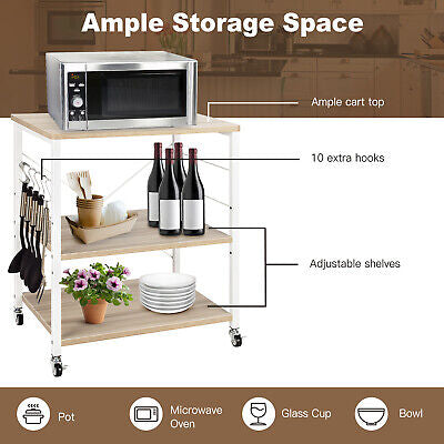 3-Tier Rolling Kitchen Storage Trolley with Hooks