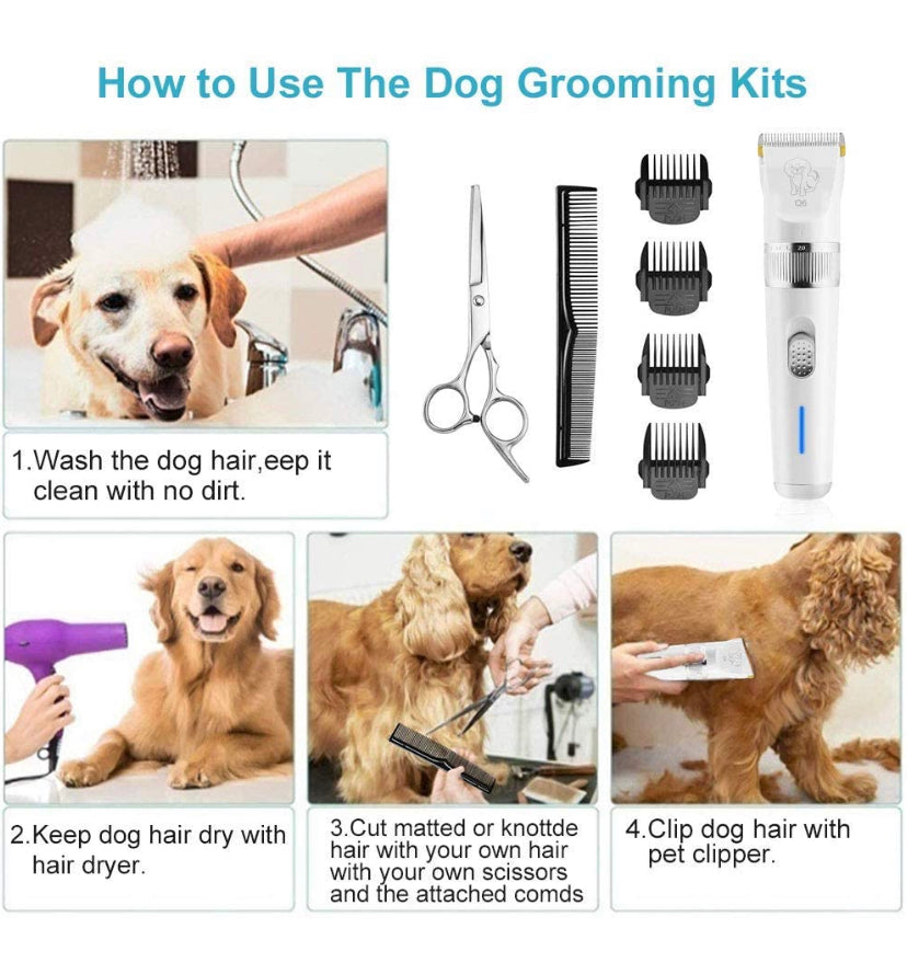 Dog Clippers, Low Noise Pet Clippers with Detachable Blades, Rimposky Rechargeable Dog Trimmer Pet Grooming Kit with USB Cable, Combs, Brush, Pet Hair Clippers for Dog Cat Small Animal