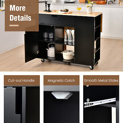 Black Drop-Leaf Rolling Kitchen Island with Cabinet