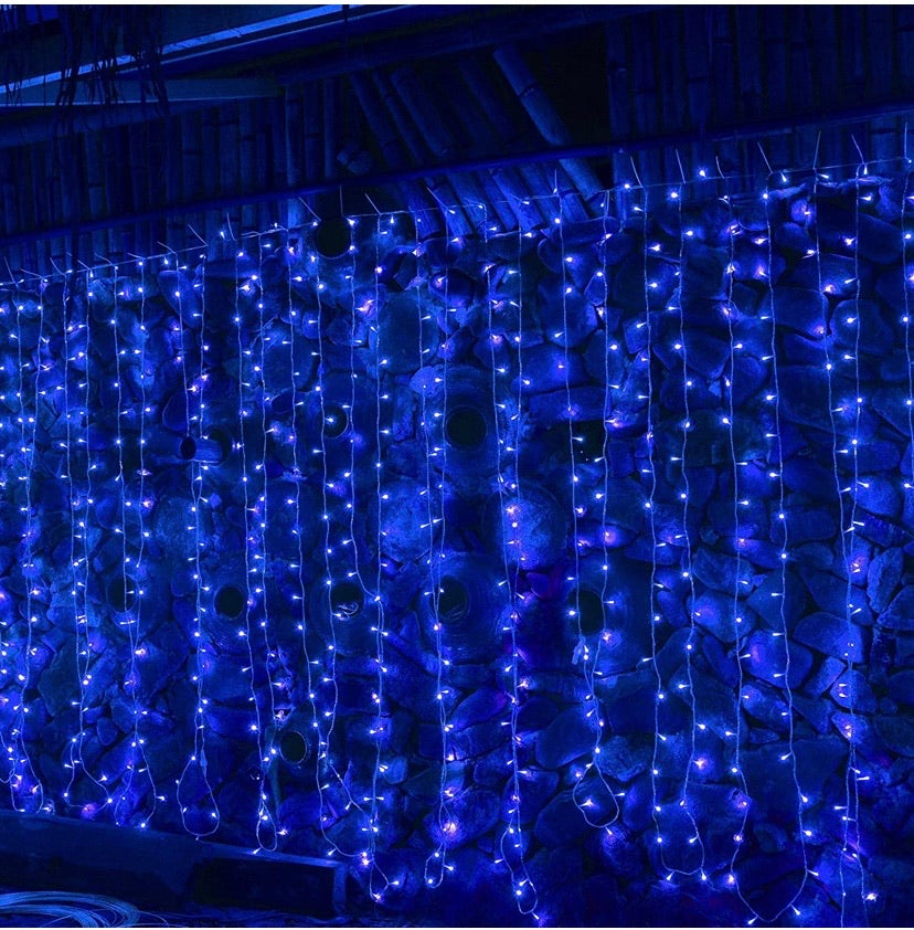 304 LED Curtain String Lights, 9.8 x 9.8 ft, 8 Modes Plug in Fairy String Light with Remote Control, Christmas, Backdrop for Indoor Outdoor Bedroom Window Wedding Party Decoration, Blue.