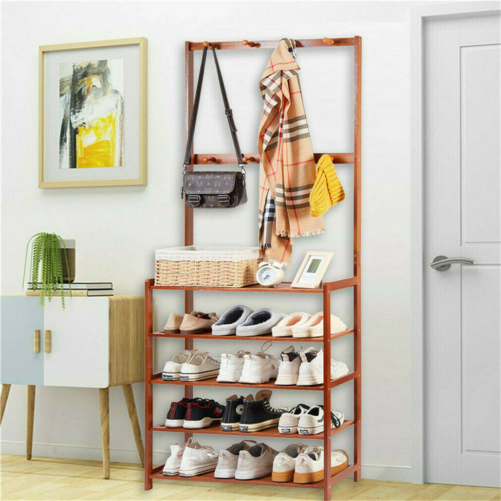 5-Tier Bamboo & MDF Hall Tree with 8 Hooks – 12–14 Pairs