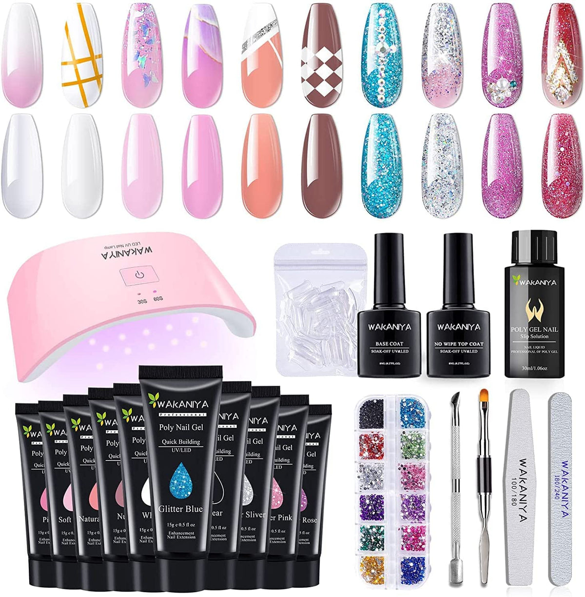 10PCS Poly Gel Nail Kit with UV Lamp 4 Glitter Polly Jell Quick Nail Extension Gel Builder Easy Professional Poly Nail Gel Kit for Starters and Technician DIY Cat Eye French Ombre Nails