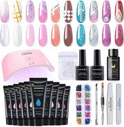 10PCS Poly Gel Nail Kit with UV Lamp 4 Glitter Polly Jell Quick Nail Extension Gel Builder Easy Professional Poly Nail Gel Kit for Starters and Technician DIY Cat Eye French Ombre Nails
