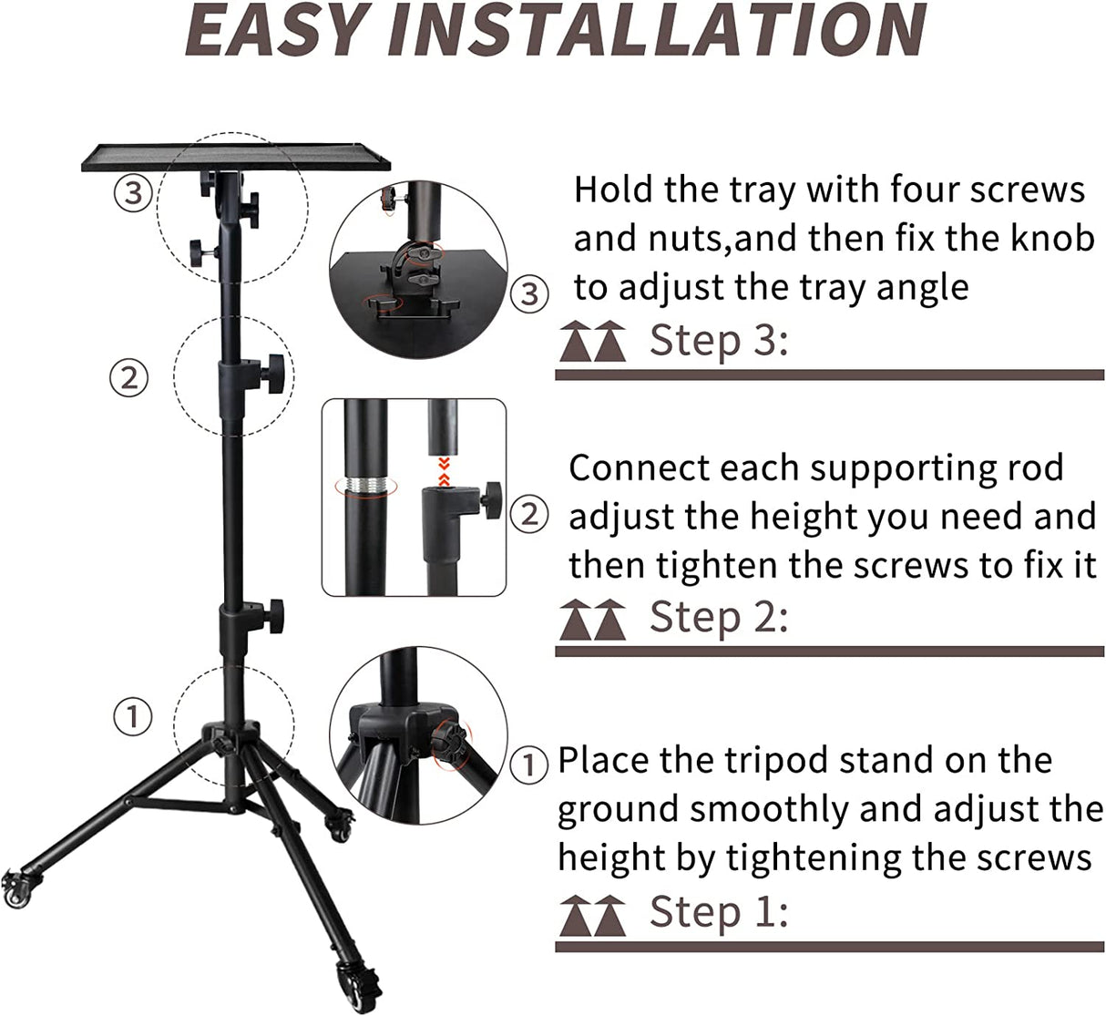 Universal Projector Stand Bracket with Wheels- - Laptop Tripod Adjustable Height 28.5 to 73 Inch with Removable Mouse Tray and Phone Holder, DJ Racks ，Outdoor Movies or Computer Desk Stand