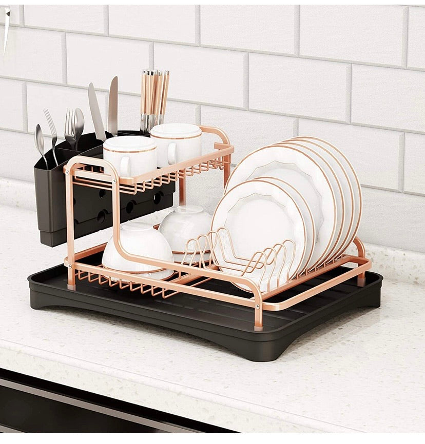 Dish Drying Rack, Aluminium Rust Proof Dish Rack and Drainboard Set with Removable Cutlery Holder and 360 Swivel Spout Drain Board for Kitchen Counter (Rose Gold, 2 Tier)