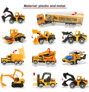 Coolplay 11 in 1 Die-cast Construction Vehicle Mini Engineering Truck Toy Set in Carrier Truck Play set for Boys, Mini Dumper, Bulldozers, Forklift, Tank Truck, Asphalt Car and Excavator for Kids