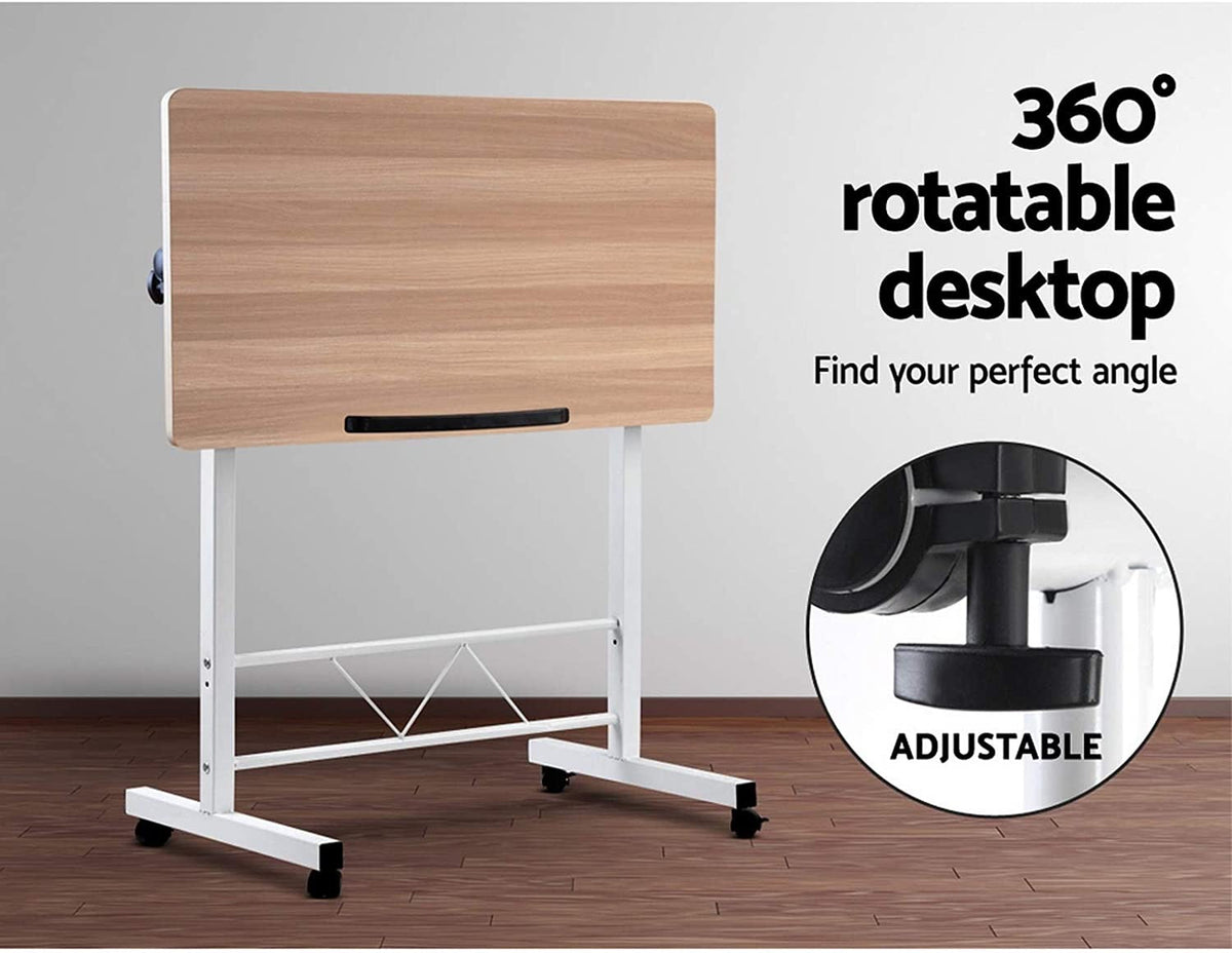 Mobile Adjustable Bedside Laptop Table – White or Light Wood