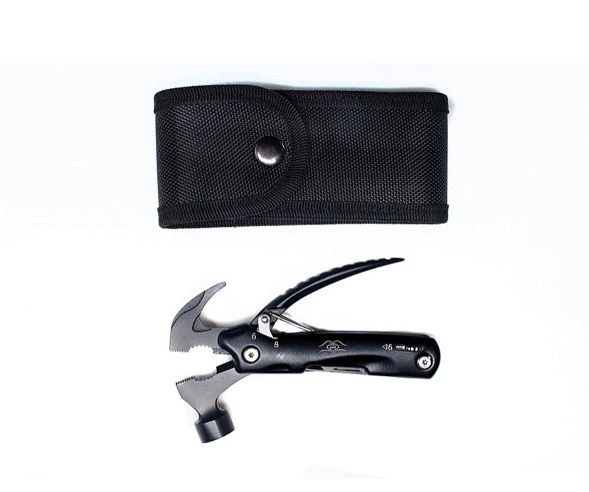 Black Stainless Steel Portable Multipurpose Pocket Size Tool with Anodized Aluminium Handle 7 Functions in 1 with Easy Carry Nylon Pouch for Outdoor Camping Household Car Emergency with Safe Locking