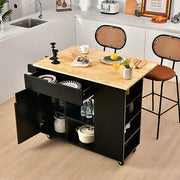Black Drop-Leaf Rolling Kitchen Island with Cabinet