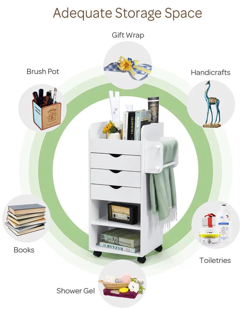 Mobile Trolley Cart 6-Tier Wood Storage Beside Table w/ Drawers Bathroom White