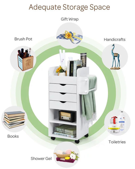 Mobile Trolley Cart 6-Tier Wood Storage Beside Table w/ Drawers Bathroom White