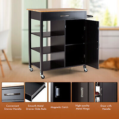 Rolling Kitchen Island with Drawer, Cabinet & Open Shelves