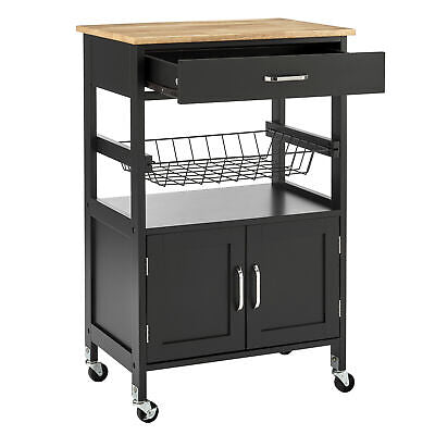 Black Rolling Kitchen Storage Trolley with Drawer & Basket