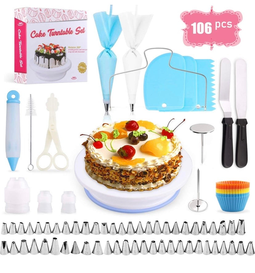 Cake Decorating Equipment, SPLAKS 106pcs Cake Decorating Set Cupcake Decorating Kit Baking Supplies with Nonslip Turntable Stand, 54 Numbered Icing Tips and Frosting Tools for Cake DIY
