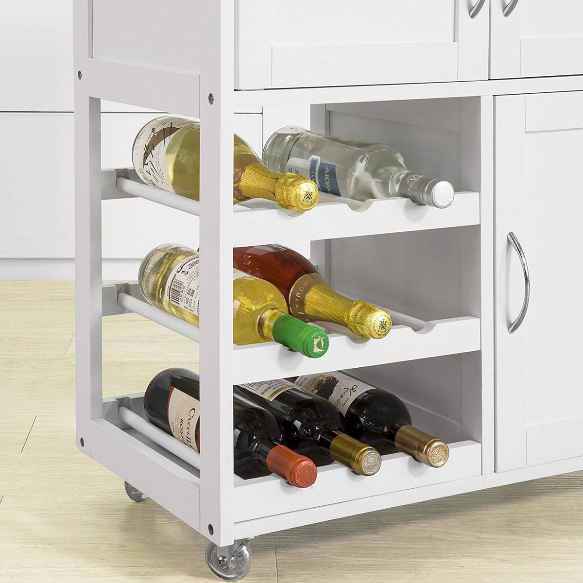 Kitchen Trolley with 2 Cupboards & 3-Bottle Wine Rack