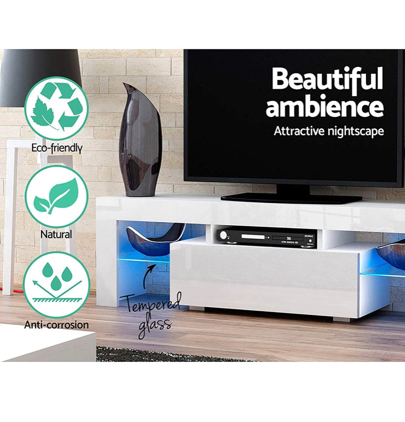 Artiss Entertainment Unit RGB LED TV Cabinet 130cm Length High Gloss Wooden TV Stand, White