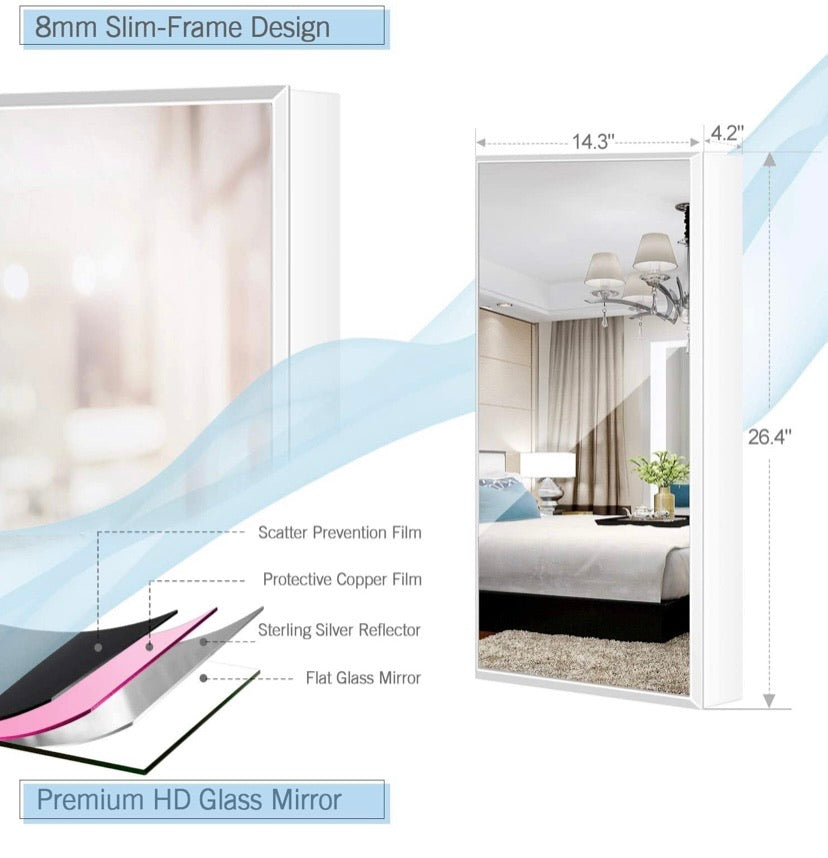 LUXFURNI Slim Wall or Door Mirror Jewellery Cabinet