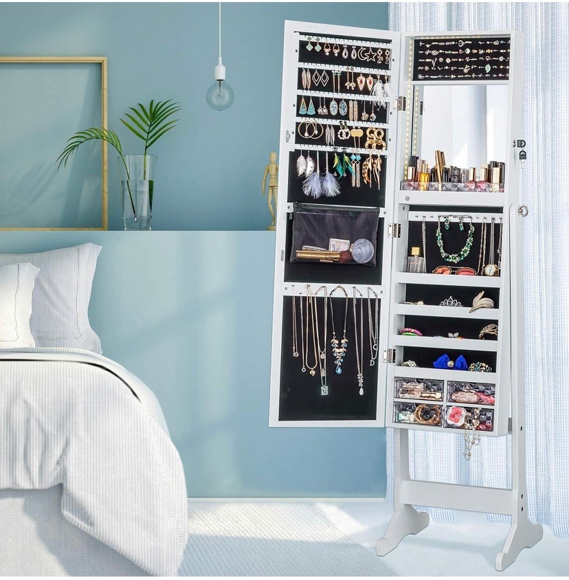 LUXFURNI Black 79-LED Standing Mirror Jewellery Cabinet