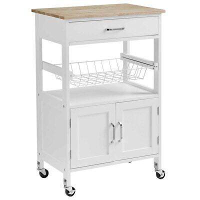 White Rolling Kitchen Storage Trolley with Drawer & Basket