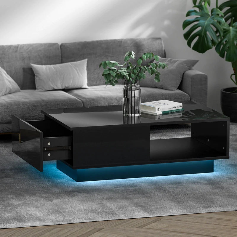 Modern Furniture High-Gloss LED Light with 2 Storage Spaces Drawer Rectangular Living Room Coffee Table