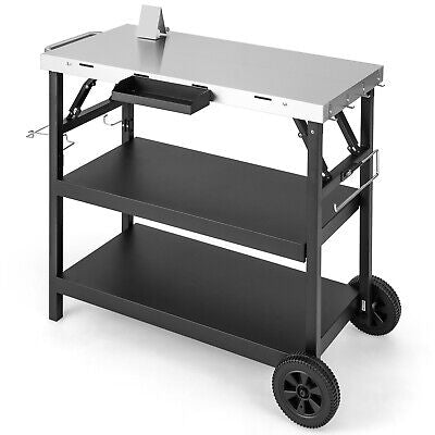 3-Tier Mobile Food-Prep Cart with Stainless-Steel Worktop