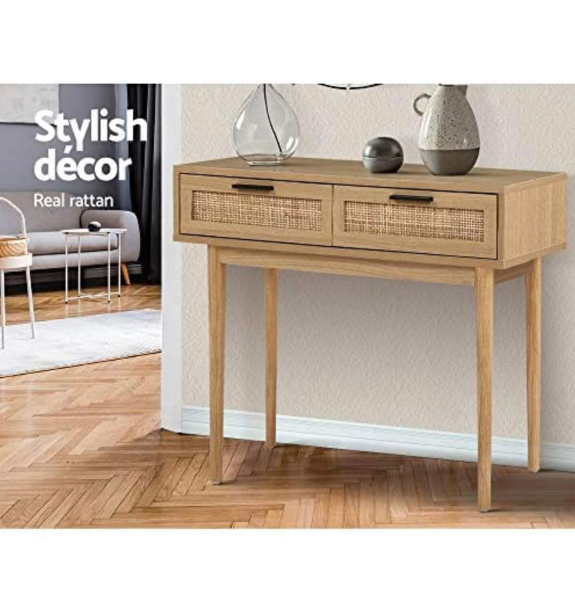 Artiss Timber & Rattan Console Table with Drawers