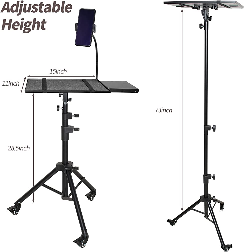 Universal Projector Stand Bracket with Wheels- - Laptop Tripod Adjustable Height 28.5 to 73 Inch with Removable Mouse Tray and Phone Holder, DJ Racks ，Outdoor Movies or Computer Desk Stand