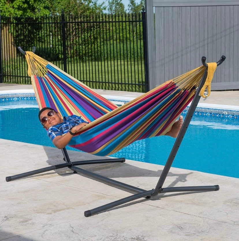 Double Cotton Hammock with Space Saving Steel Stand, Tropical (450 lb Capacity- Premium Carry Bag Included), Tropical with Charcoal Frame, 2 Person
