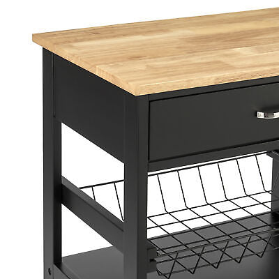 Black Rolling Kitchen Storage Trolley with Drawer & Basket