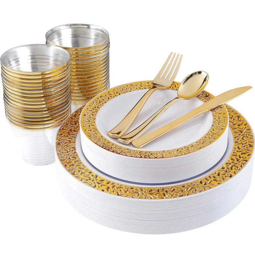 180pcs Plastic Gold Lace Plates, Durable Wedding Plates and Cutlery Set