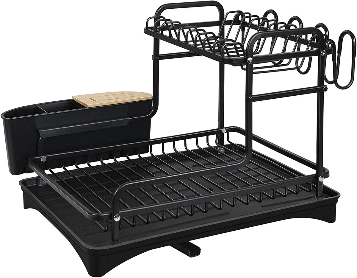 Aluminum Dish Drying Rack 2 Tire,Never Rust Dish Drainer with Removable Cutlery Holder & Cup Holder