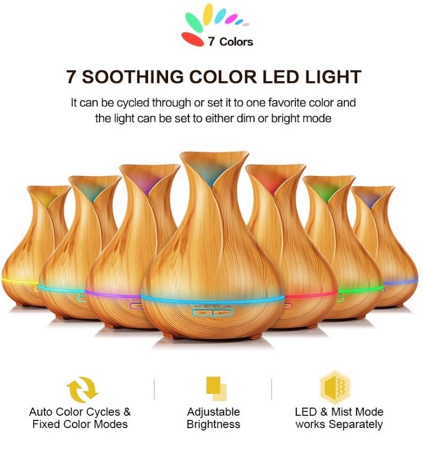 550ml Essential Oil Diffuser, Cool Mist Ultrasonic Humidifier, Wood Grain Fragrance Aroma Diffuser with 7 LED Color Changing Light, Waterless Auto,Timer for Home Bedroom Office Yoga Spa (Light Wood Grain)