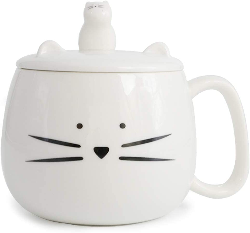 Cute Cat Coffee Mug with Cell Phone Holder Lid for Cat Lover Unique Ceramic Black Mugs Tea Cup Women