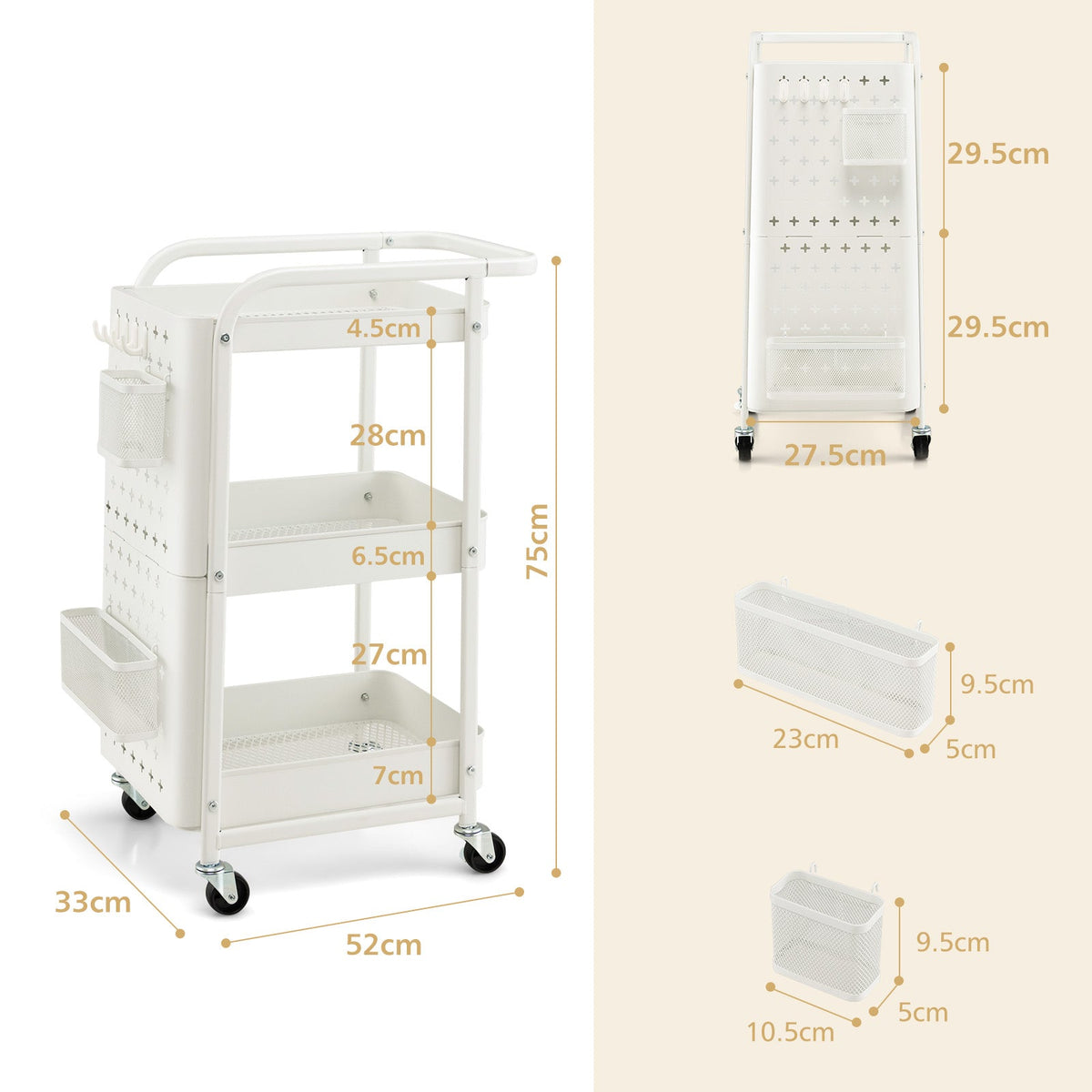 3-Tier Pegboard Rolling Storage Cart