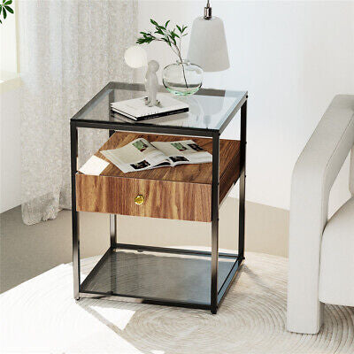 Modern Glass Bedside Table with Drawer & Lower Shelf